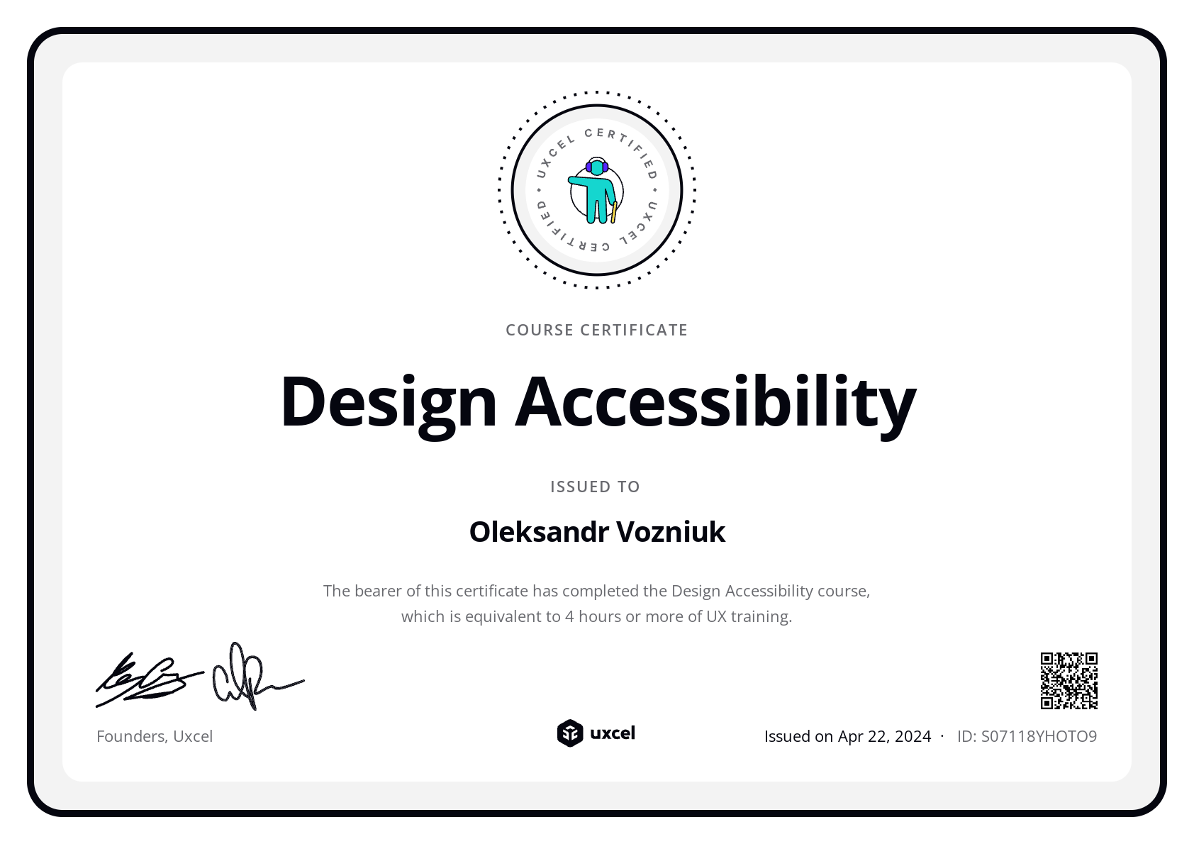 Oleksandr Vozniuk's certificate